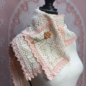 Handcrafted Crochet Shawl Wrap Cream Pink
